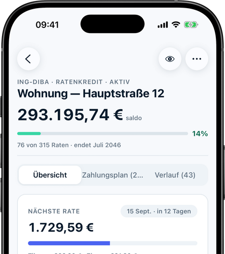 Kreditdetails: Rate, Konditionen und Tilgungsfortschritt auf einen Blick