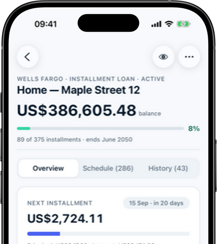 Loan details: instalment, terms and payoff progress in one view