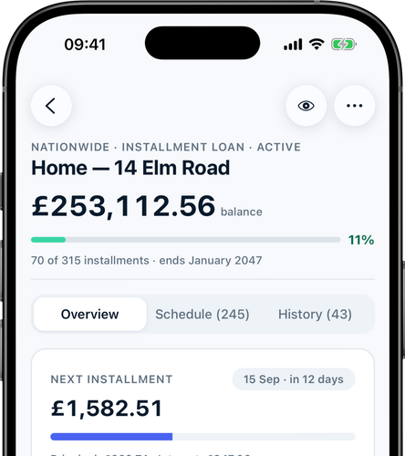 Loan details: instalment, terms and payoff progress in one view