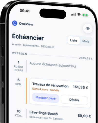 Chaque paiement sur une seule frise, avec des totaux mensuels