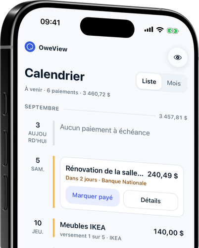 Chaque paiement sur une seule frise, avec des totaux mensuels