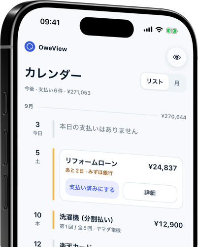 すべての支払いをひとつのタイムラインに、月ごとの合計とともに