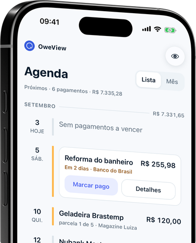 Cada pagamento em uma única linha do tempo, com totais mensais